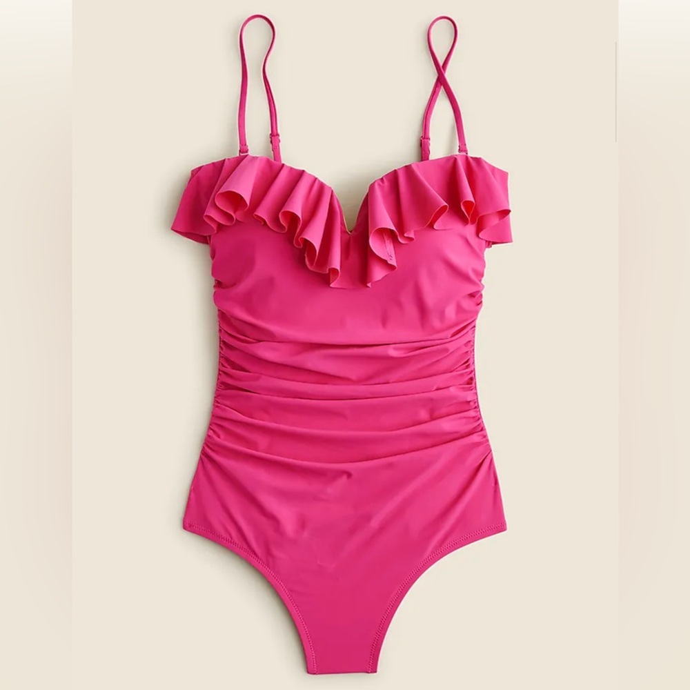 NWT J. Crew Matte ruched one-piece swimsuit with ruffles Fuschia SZ 14